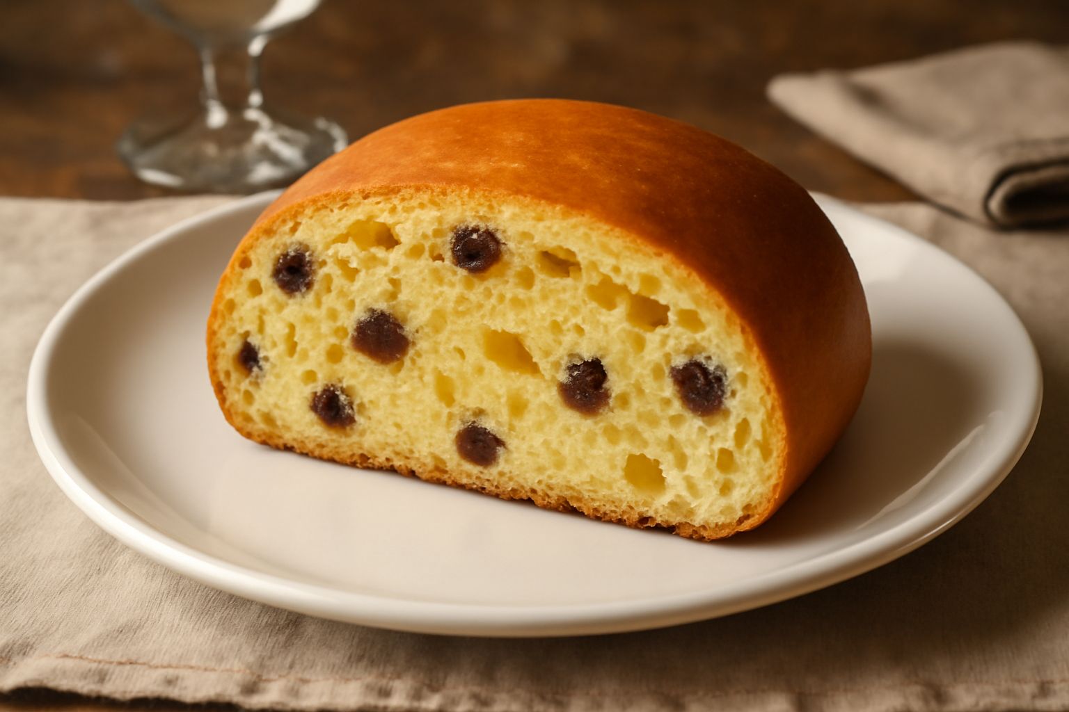 Pane di Genova affettato in fette regolari su un tagliere di legno, visibile la mollica morbida e gialla con visibili i pezzi di uvetta e canditi, servito con una tazza di caffè