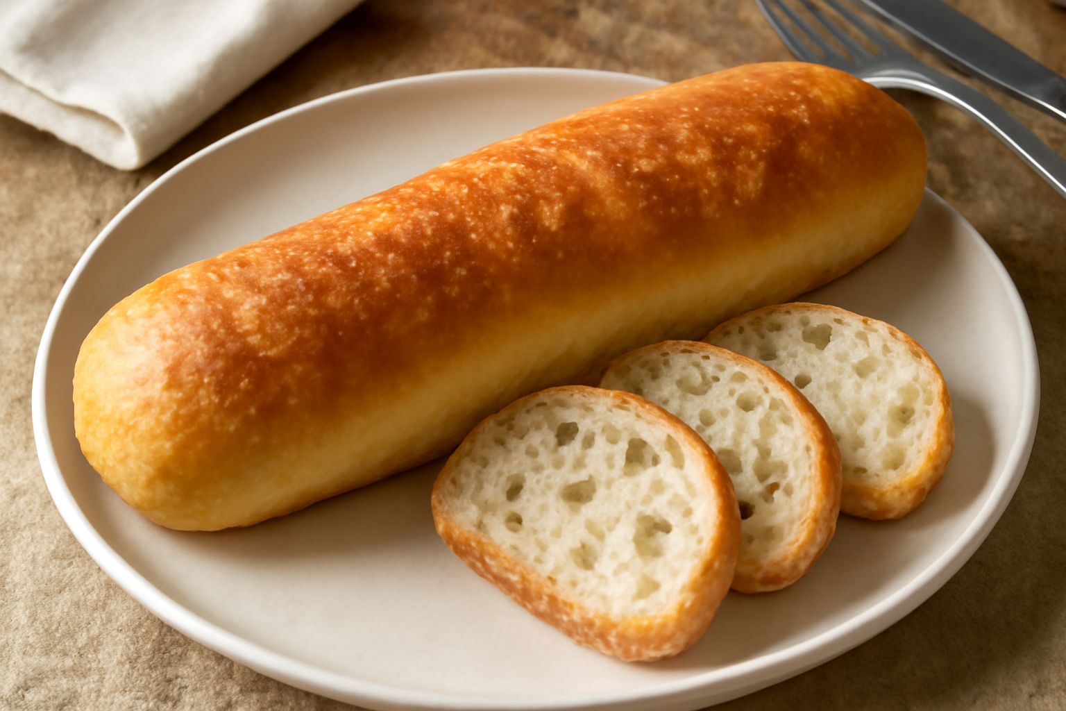 Pane di Gorizia tagliato a fette su una tavola di legno, crosta dorata e lucida, interno bianco con alveoli irregolari, ancora vapore visibile dalla sezione fresca