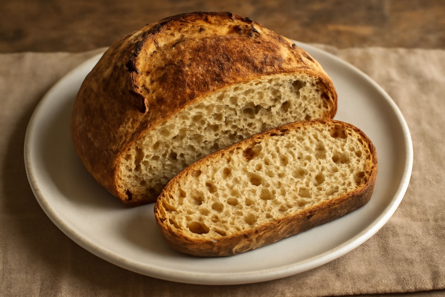 Pane di grano antico a fette su una tavola di legno naturale, dalla crosta dorata e screpolata, con una mollica color nocciola dalla struttura alveolata visibile, circondata da spighe di farro e spelt