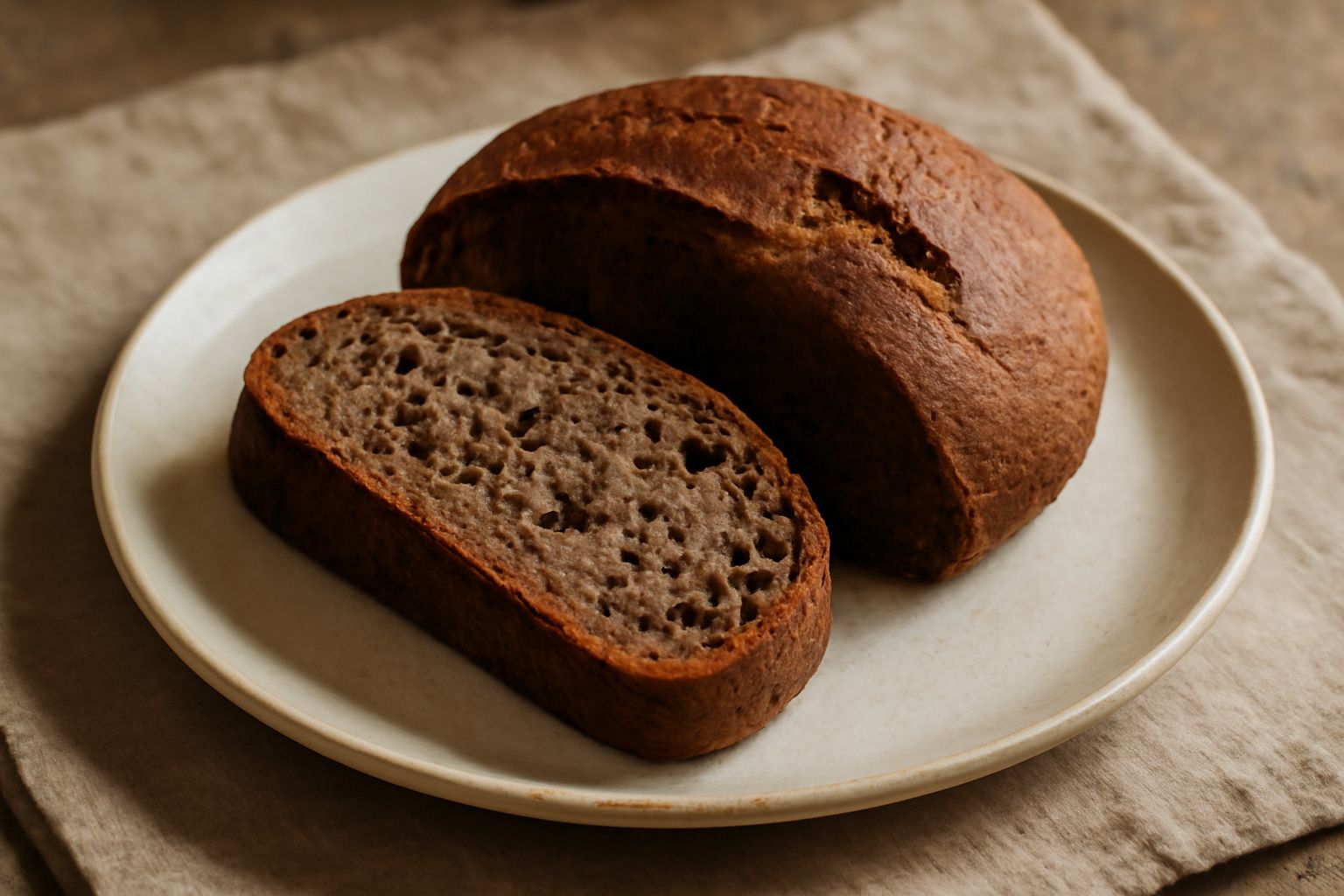 Pane di grano arso rotondo, dalla crosta marrone scuro e rugosa, tagliato a metà mostrando la mollica densa e scura con alveoli irregolari, su una tavola di legno con spighe di grano tostato ai lati