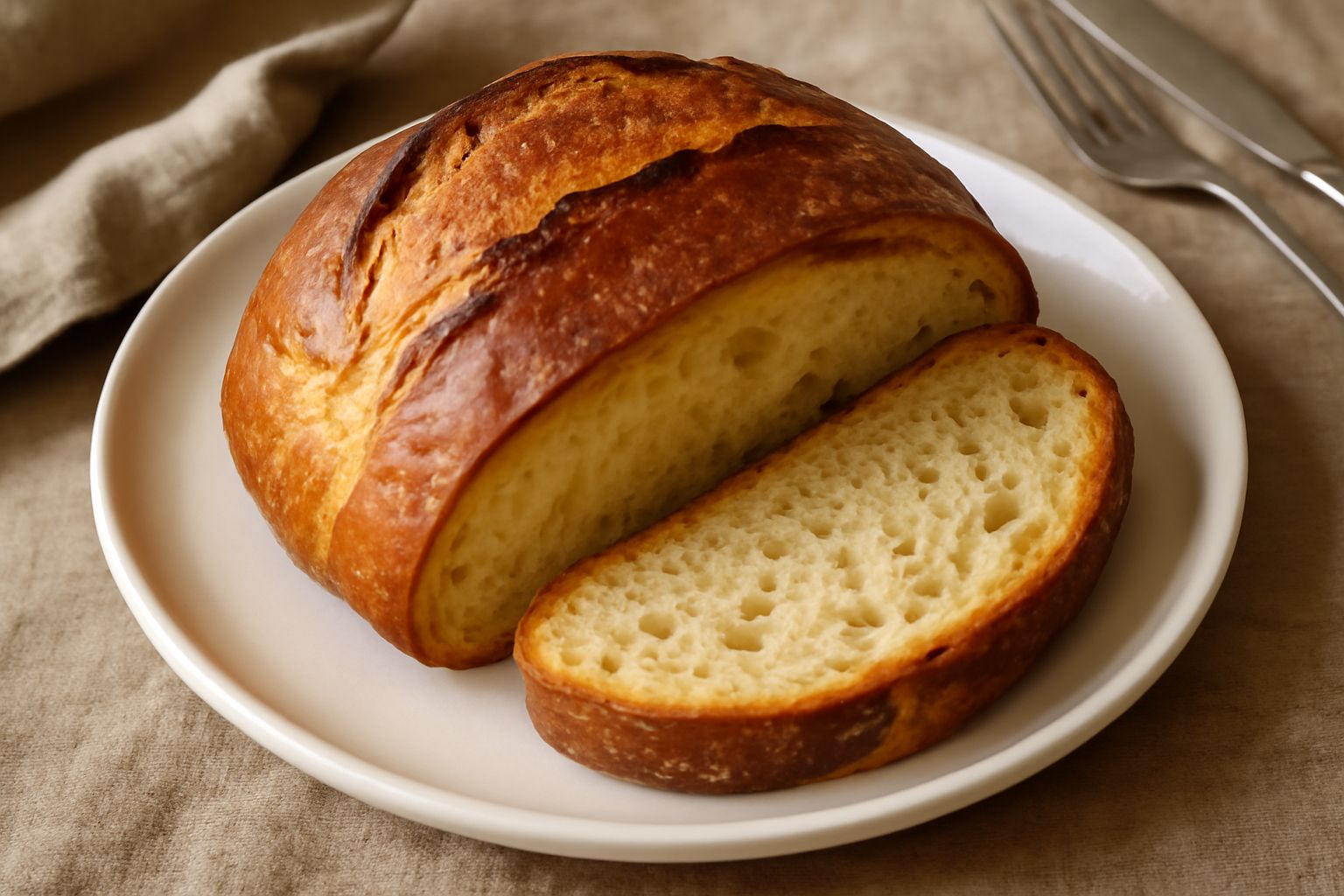 Pagna di pane di grano duro con crosta dorata e superficie irregolare, tagliata a metà mostrando la mollica compatta e porosa di colore nocciola, posizionata su un canovaccio bianco