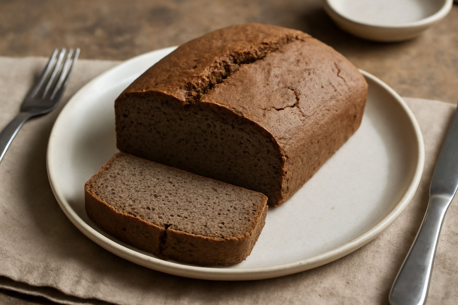 Pane di grano saraceno tagliato a fette, dalla miga densa e compatta di colore marrone scuro, poggiato su un canovaccio di lino naturale con alcuni chicchi di grano saraceno sparsi intorno