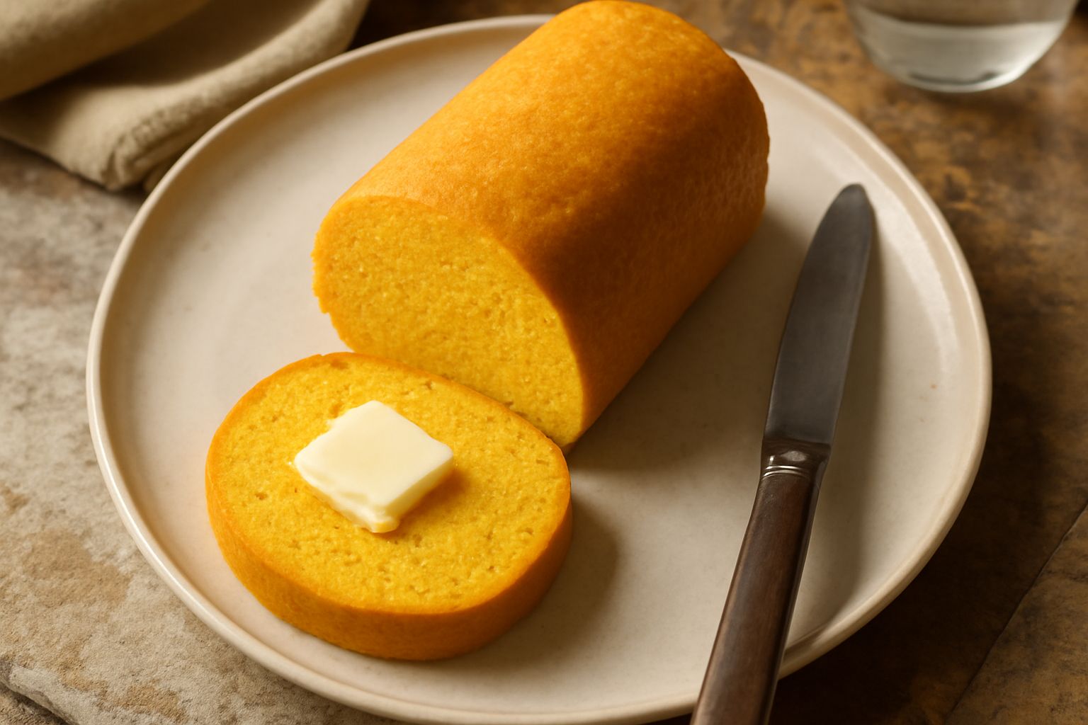 Pane di granturco a fette su un piatto, colore giallo dorato omogeneo, crosta croccante, miga compatta e gialla, una fetta imburrata con burro giallo accanto