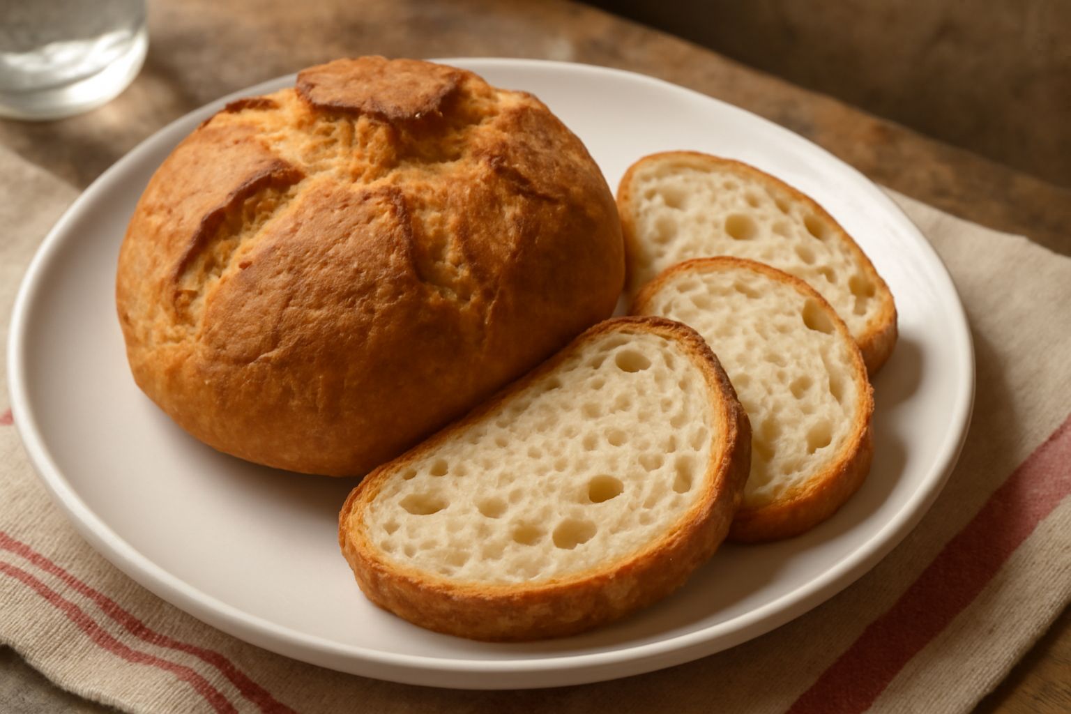 Pane di Grosseto a forma di rosetta con crosta dorata e screpolature, appena sfornato, in primo piano su una tavola di legno bianco con una tela di lino beige accanto