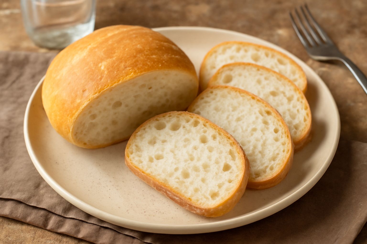 Pane di Iseo a fette, dalla crosta dorata e dalla mollica bianca e alveolata, impiattato su una tavola di legno con grano e farina sparsi intorno