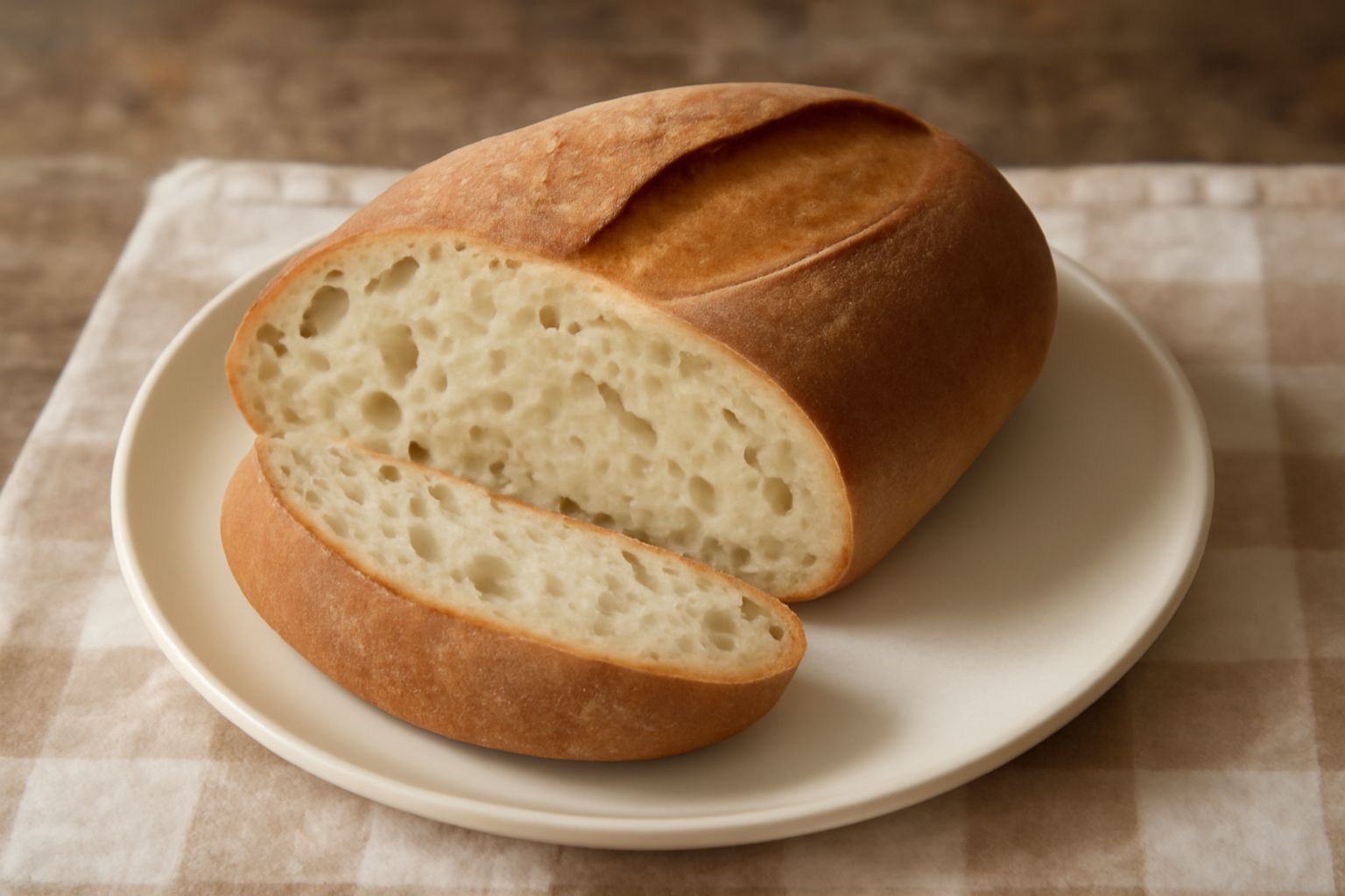 Pane di Lariano appena sfornato, forma rotonda allungata, crosta dorata e sottile con screpolature naturali, affettato per mostrare l'interno con alveoli irregolari e mollica panna e grigia