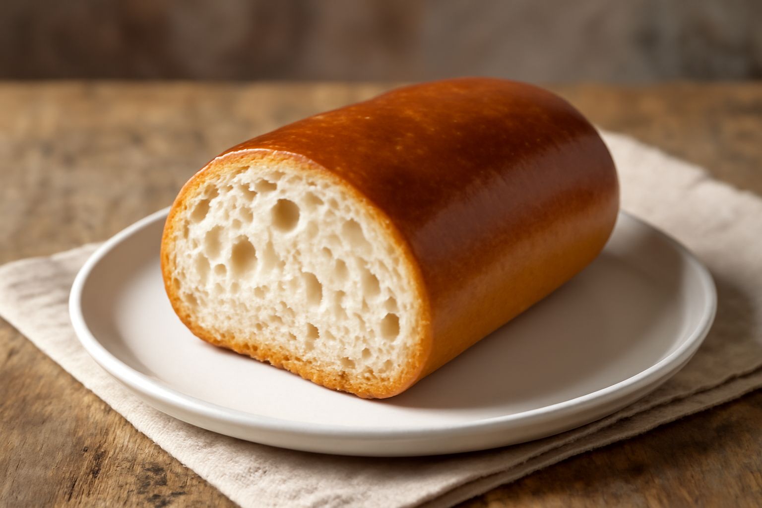 Pane di Lecce appena sfornato, con crosta dorata e uniforme, tagliato trasversalmente per mostrare la mollica bianca, alveolata e leggera