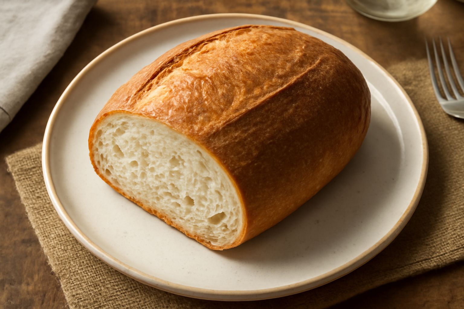 Pane di Livorno a fette su un tagliere di legno, crosta dorata e scura, interno bianco con alveoli visibili, coltello affilato accanto, fondo grigio chiaro