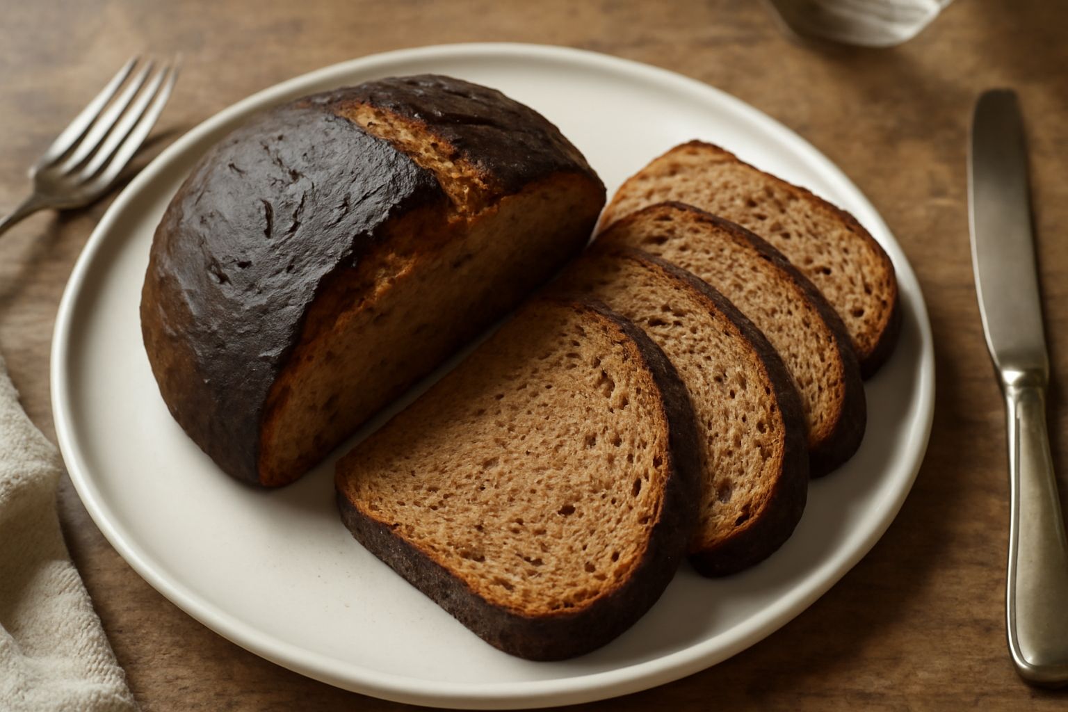 Pane di Lograto intero e affettato su un canovaccio di lino bianco, crosta marrone scura e miga color nocciola con piccoli alveoli, seduto su un tavolo di legno