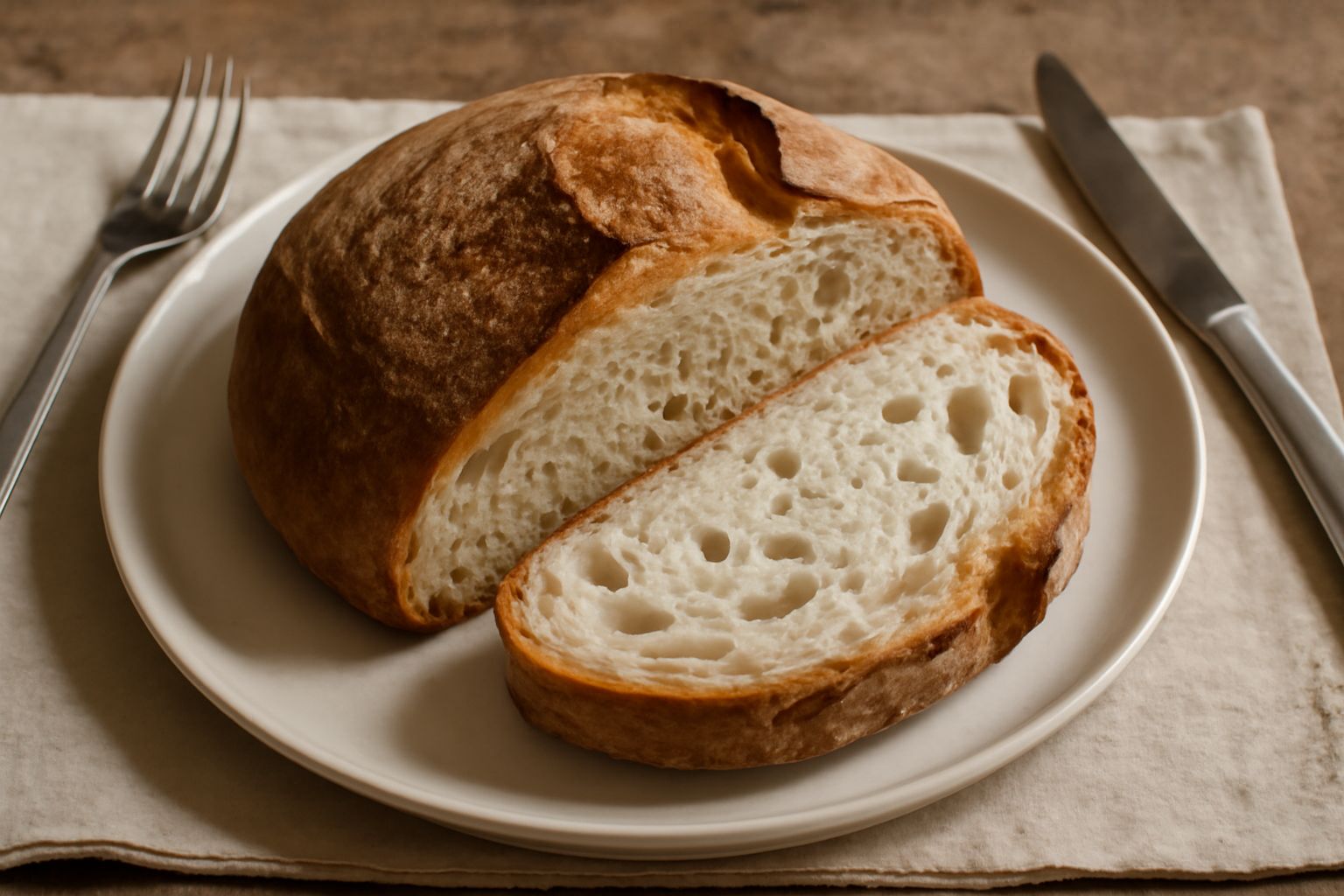 Pane di Lonato intero e affettato su tavolo di legno: crosta dorata e screpolata, interno con alveoli irregolari bianchi e crema, accanto alcune fette tostate e un cucchiaio di pasta madre