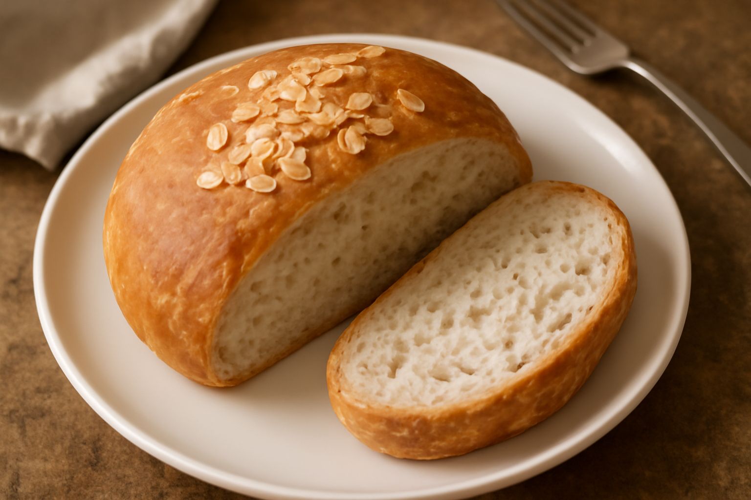 Pane di Lovere a fette su un tagliere di legno, con crosta dorata e interno bianco perlato, con chicchi d'avena visibili sulla superficie