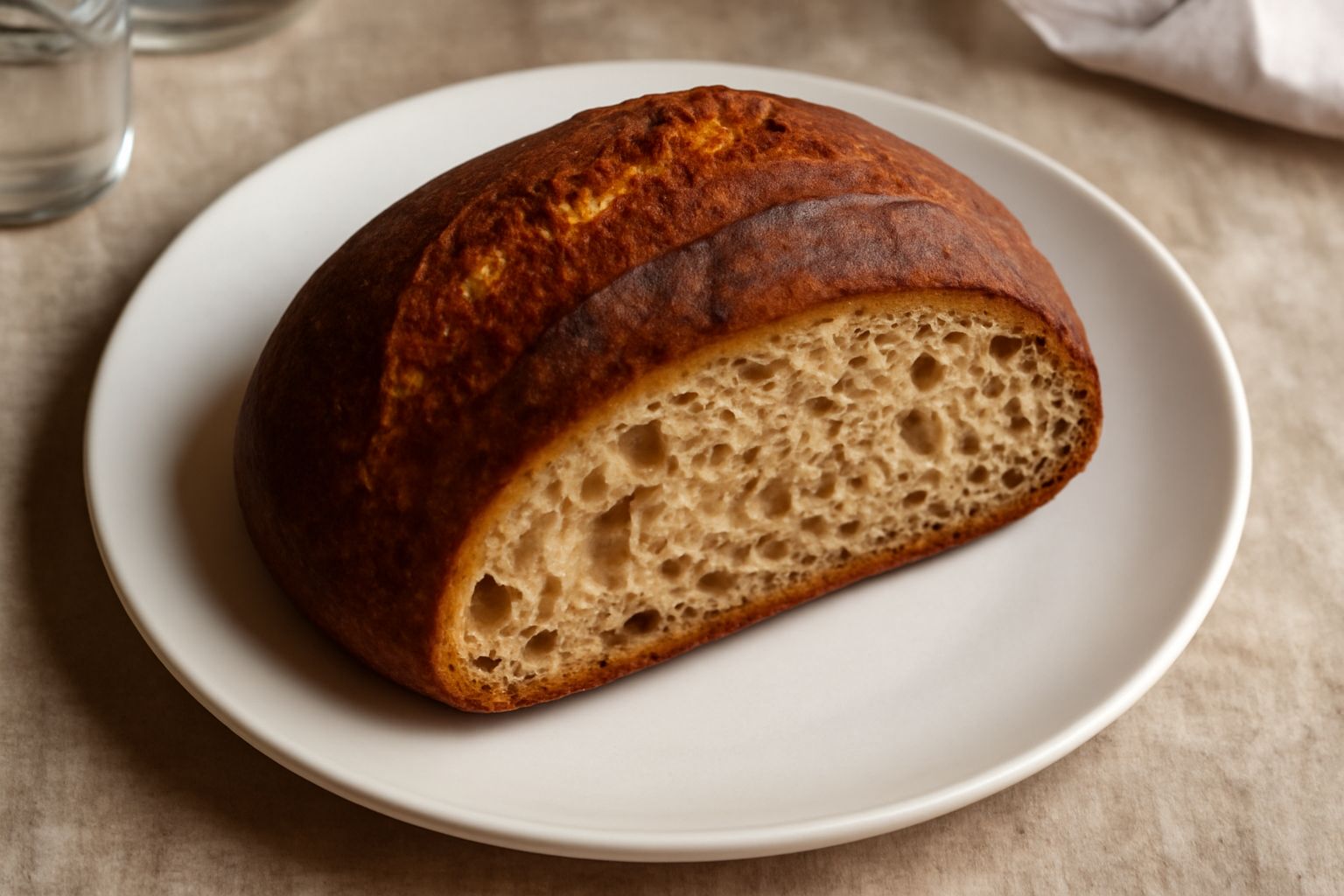 Pane di Lumezzane tagliato a metà su un tagliere di legno: crosta marrone scuro e croccante, mollica chiara con alveoli irregolari e ben visibili, impasto porzionato su fondo rustico