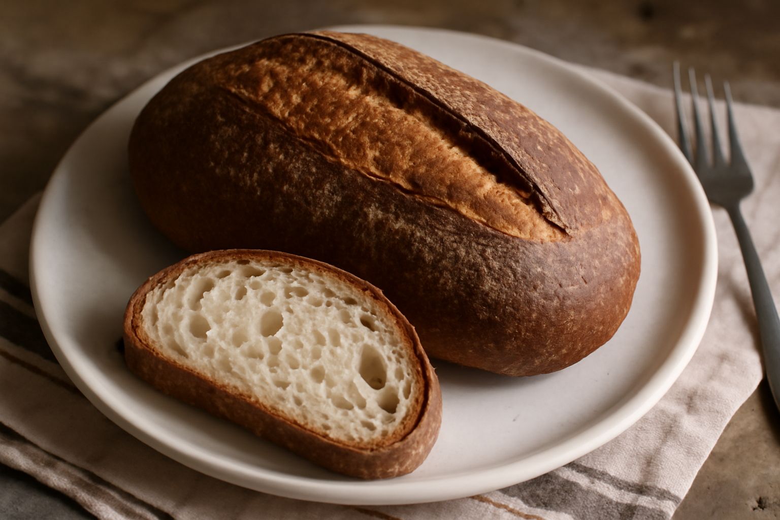 Pane di Macerata tagliato a fette, con crosta marrone dorato e mollica bianca crema elastica, disposto su tavola di legno con farina sparsa