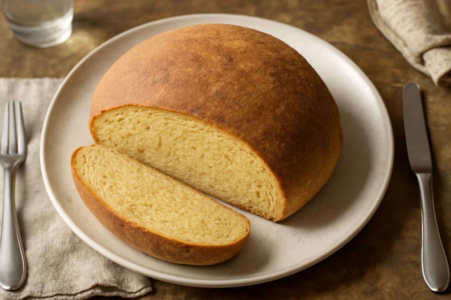 Pane di maierato affettato su un tagliere di legno, con mollica gialla e crosta dorata, accanto a chicchi di mais e una spolverata di farina di mais sul piano di lavoro