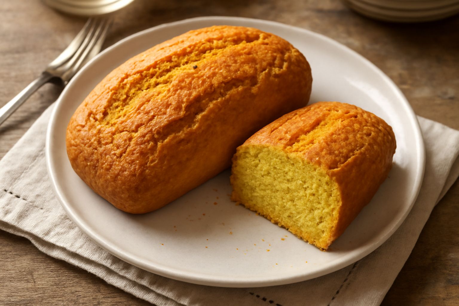 Pane di mais dorato a fette intere e tagliate, crosta croccante e screpolata, interno giallo paglierino con alveoli visibili, servito su tavolo di legno con grano di mais sparso