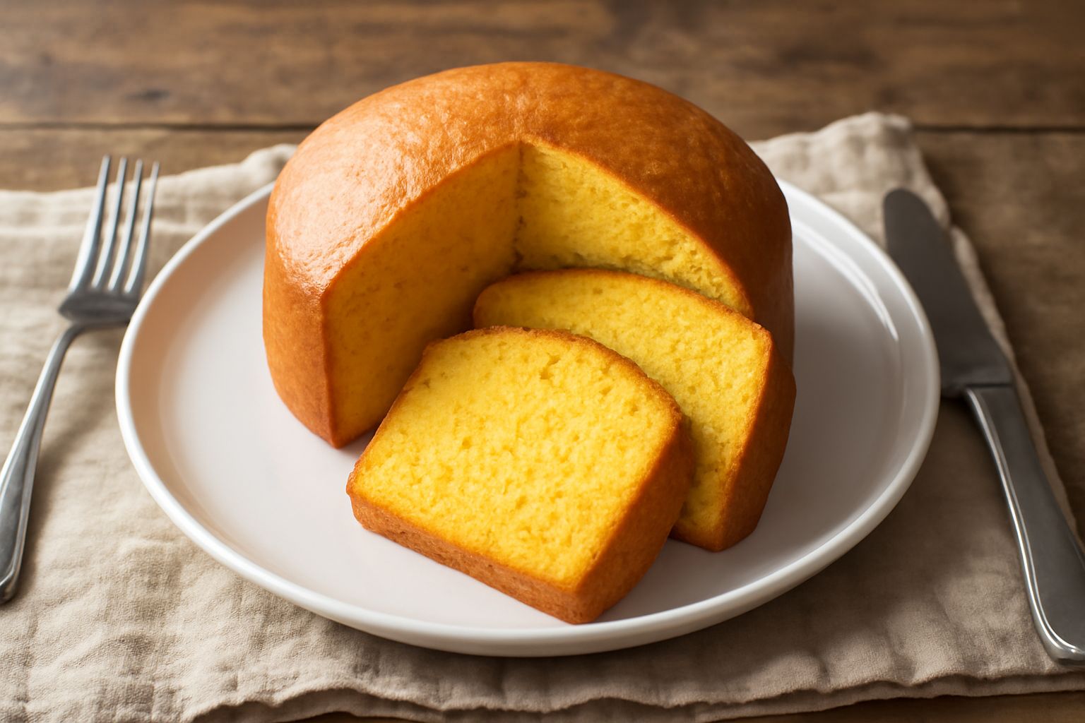 Pane di mais friulano a fette su un piano di legno naturale, crosta dorata e croccante, mollica giallo-cremosa con miglior struttura alveolare