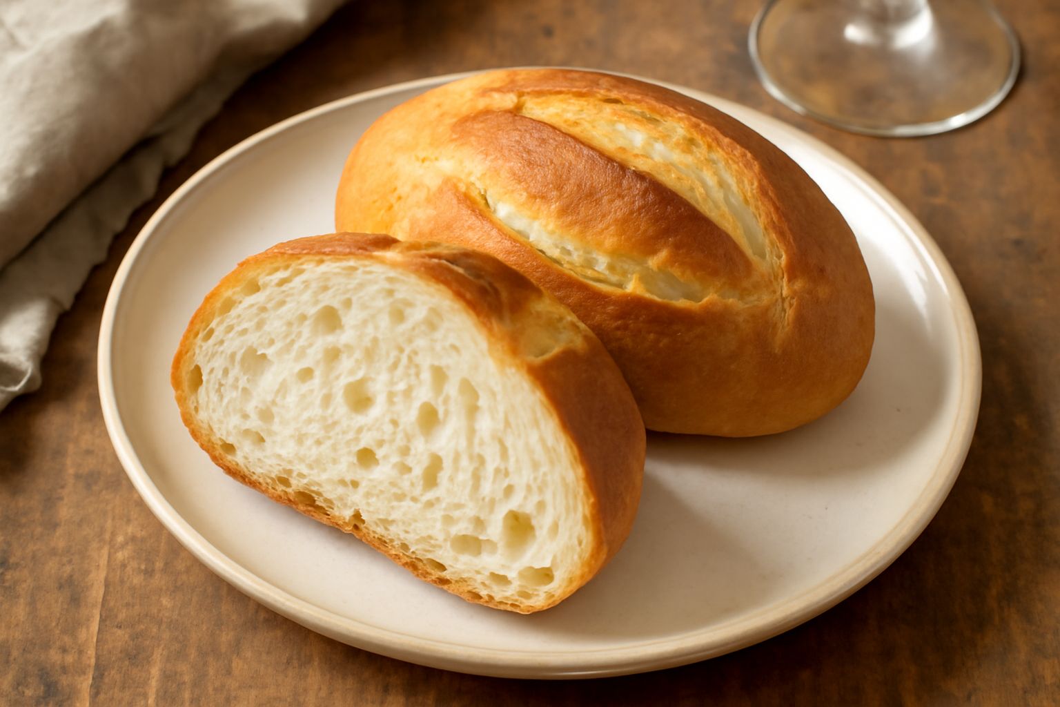 Pane di Mantova intero e affettato su tavolo di legno, crosta dorata brillante, interno bianco panna con alveoli regolari, pane poggiato su lino naturale