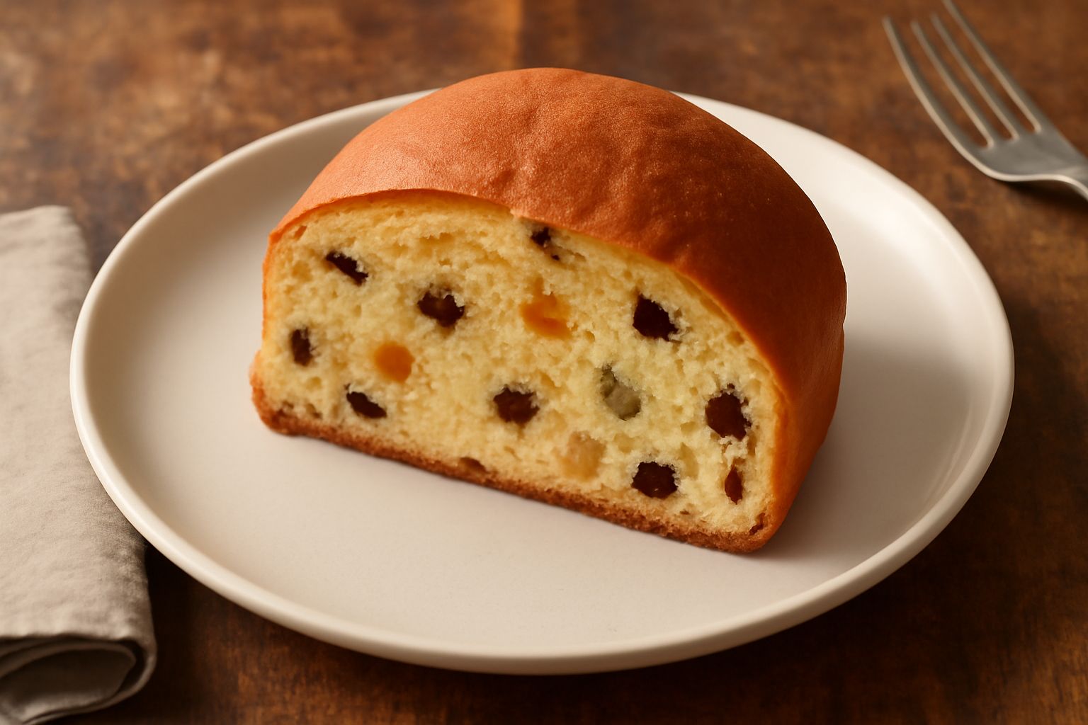 Pane di Mantova dolce a fette, dalla miga giallognola e soffice con visibili pezzetti di uvetta scura e frutta candita, crosta dorata e lucente, poggiato su carta bianca