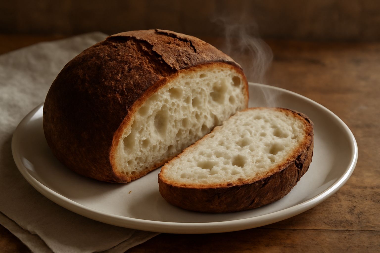 Pagna di pane di Matera appena sfornata, color marrone dorato, crosta screpolata e croccante, servita intera su una tavola in legno con una tela di lino color panna accanto