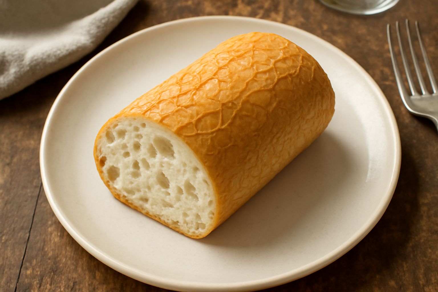 Pane di Melfi a forma cilindrica con crosta dorata e screpolature caratteristiche, tagliato a metà per mostrare l'interno bianco e alveolato, su una superficie di legno scuro