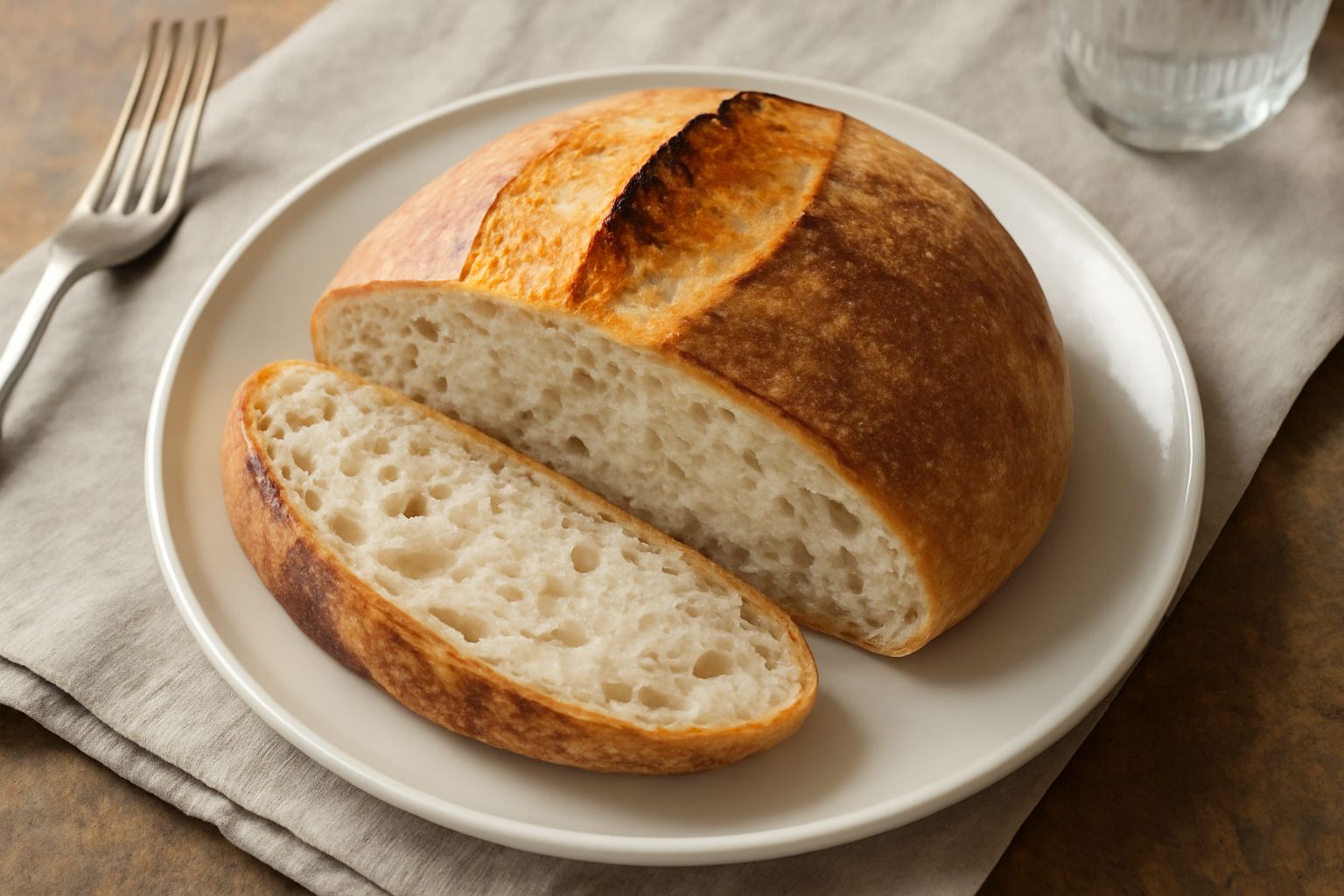 Pane intero di forma tonda appena sfornato, crosta dorata e screpolata, tagliato a metà per mostrare la mollica soffice color avorio con piccole bolle d'aria, poggiato su una tela di lino bianco