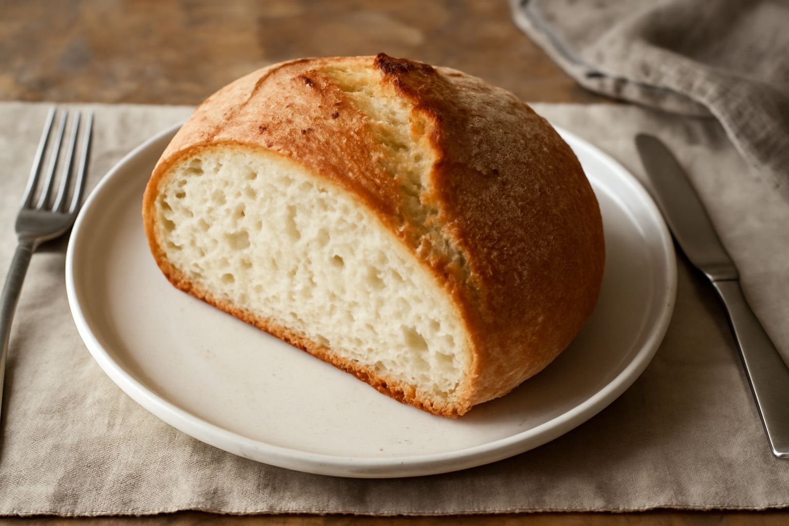 Pane di Modena a fette, crosta dorata e screpolata, mollica bianca e porosa, appoggiato su un lino bianco con spighe di grano