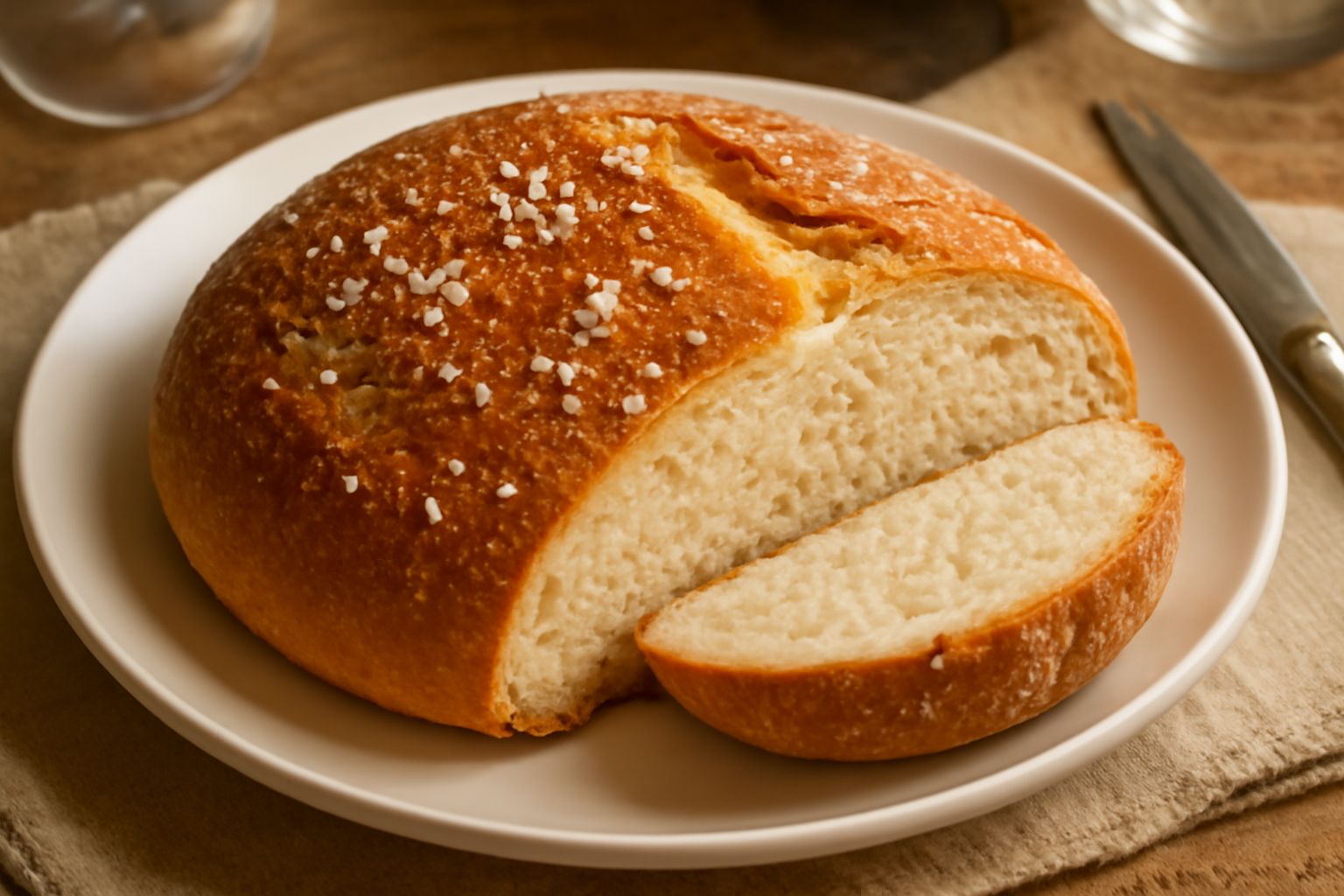 Una pagnotta di pane di Modica appena sfornata, con crosta dorata e sale grosso visibile in superficie, tagliata a metà che mostra l'interno soffice color bianco crema, posata su un canovaccio di lino