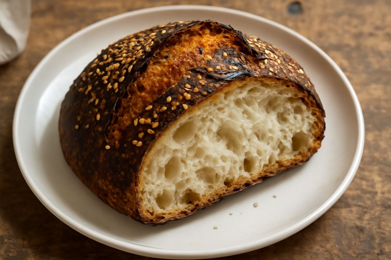 Pane di Modica intero e affettato, con crosta marrone dorata striata da crepe naturali, mollica bianca e porosa, semi di sesamo visibili sulla parte superiore, posato su una tavola in legno