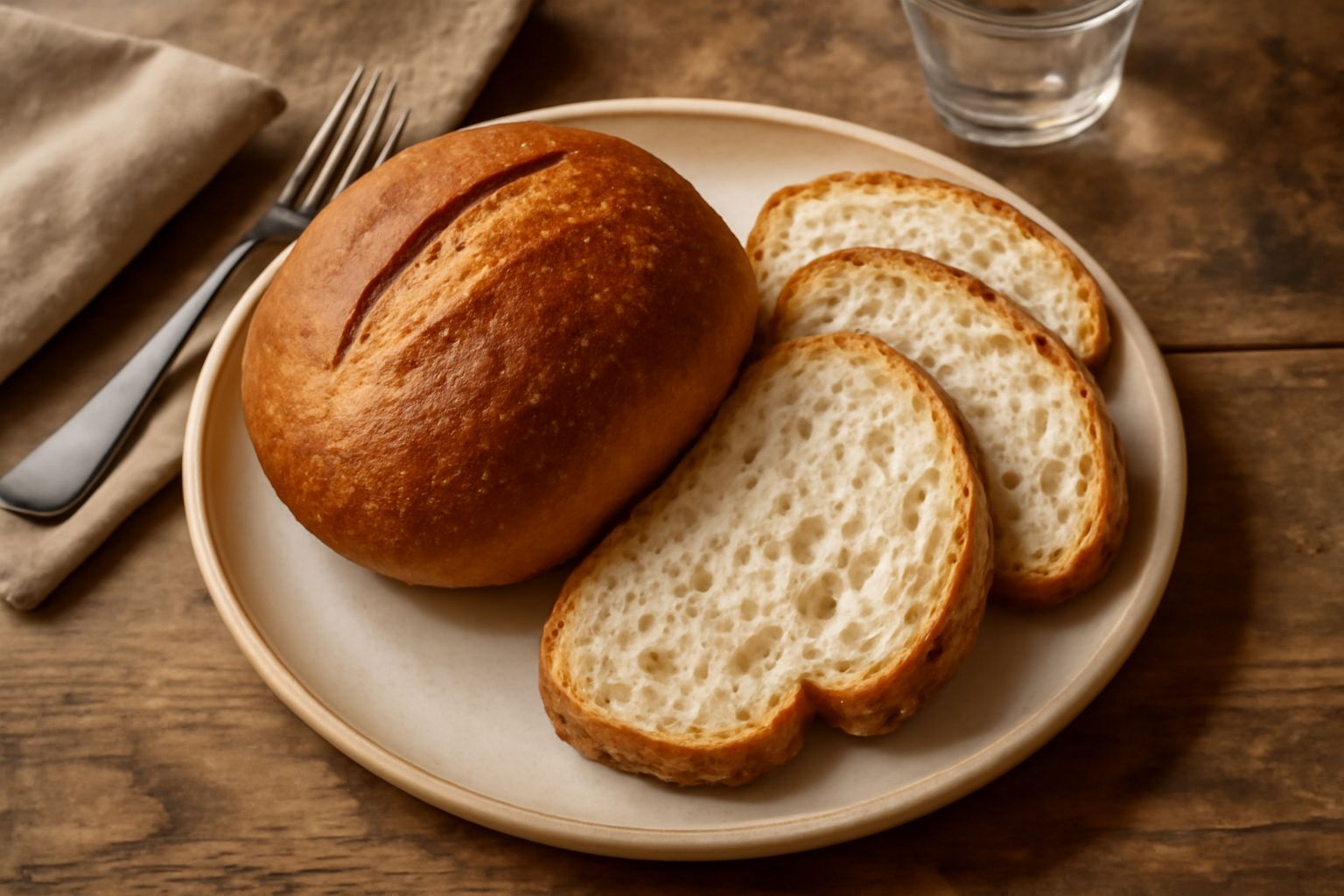 Pane di Montereale intero e tagliato su tavolo di legno, con crosta color nocciola scuro, miga color panna con alveoli regolari, senza aggiunta di sale visibile sulla superficie