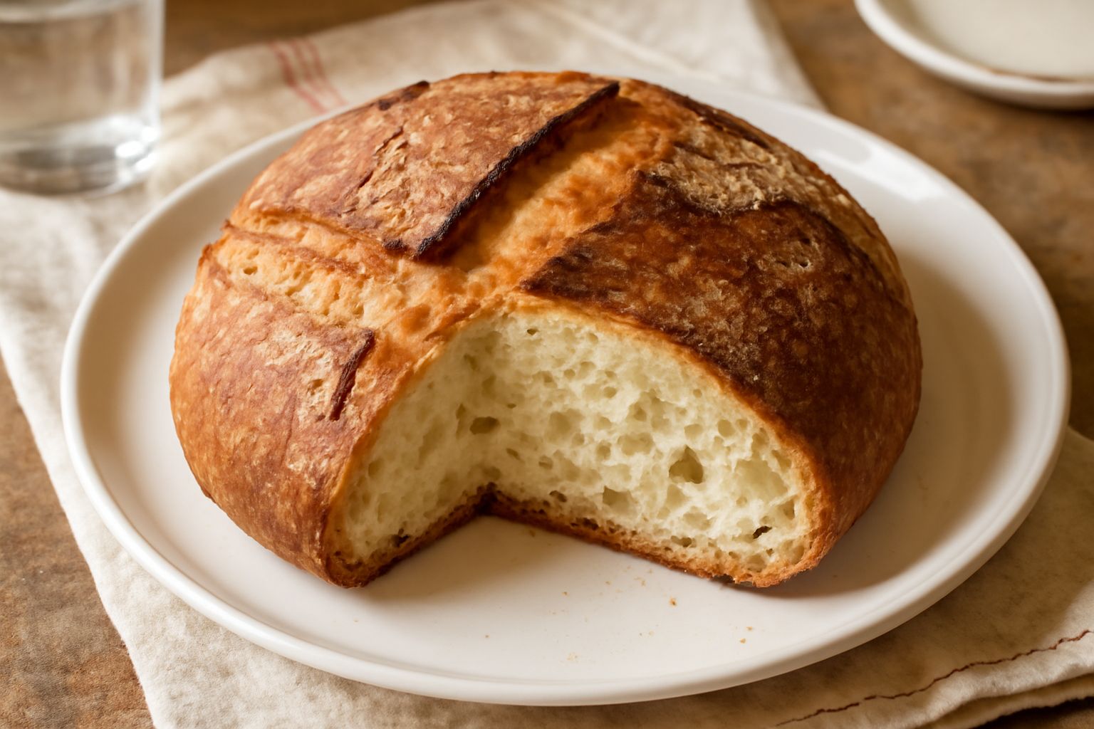 Pane di Monterosso Calabro intero appena sfornato, color dorato scuro, con crosta croccante incisa a mano, posato su carta bianca con alcuni spicchi accanto che mostrano la miga alveolata e tenera