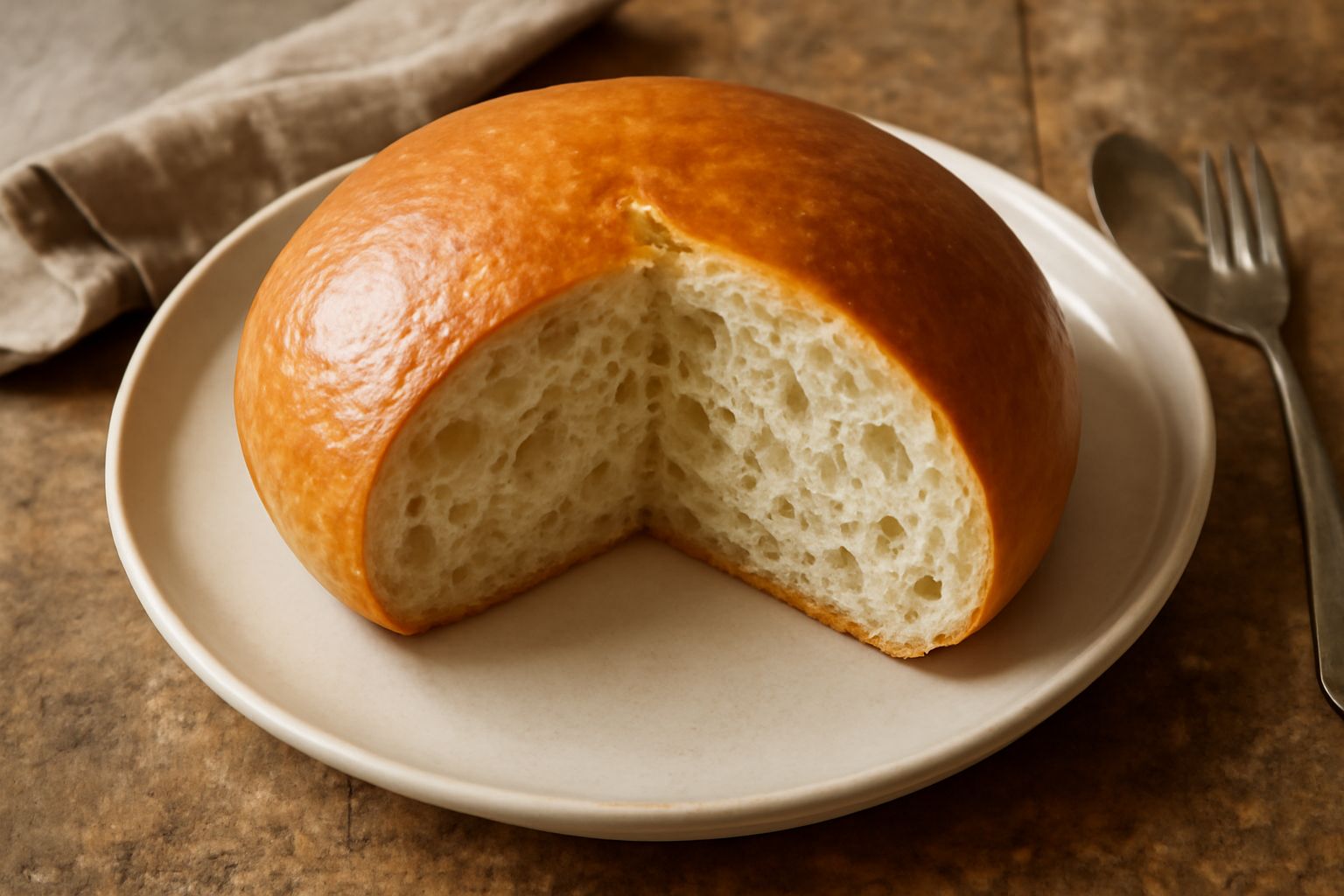 Pane di Narni intero e affettato su un piano di legno scuro: crosta dorata, miga bianca con alveoli ampi e uniformi, profilo tondeggiante