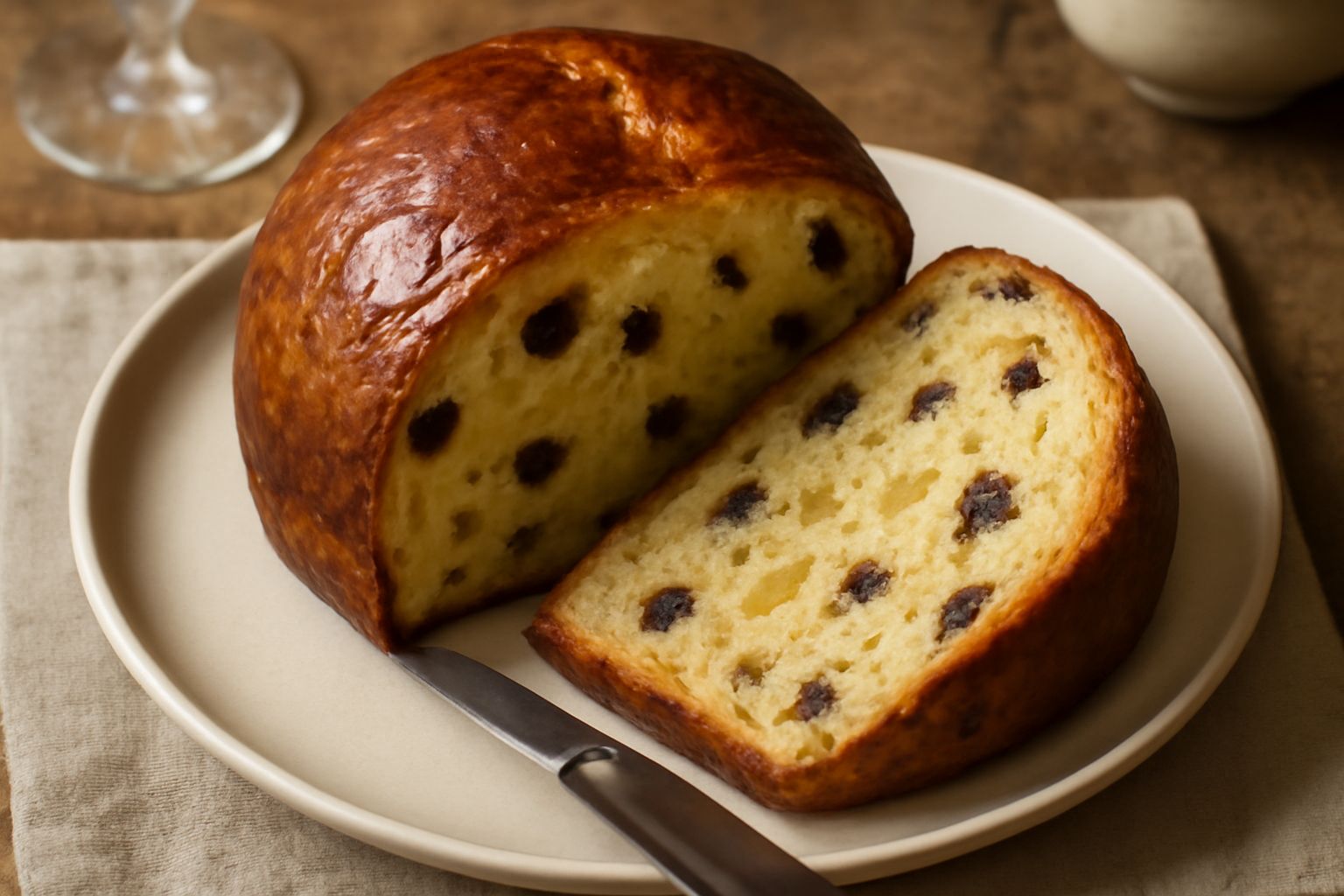 Pane di Natale affettato su una tavola di legno, con uvetta e canditi visibili nella mollica giallo dorata, accanto a una tazza di tè caldo e una candela rossa accesa