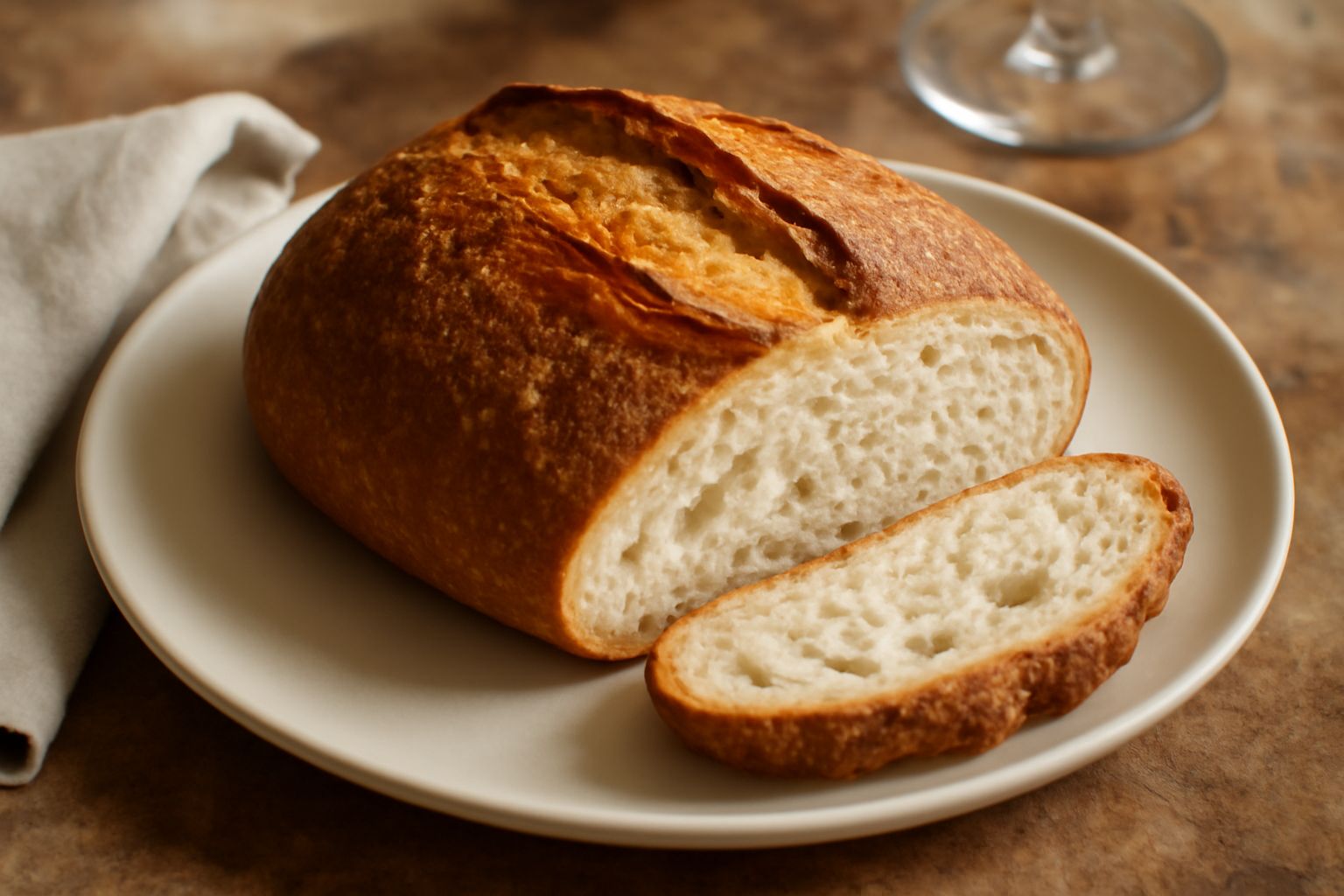 Pane di Navelli appena sfornato, con crosta dorata e screpolature caratteristiche, tagliato a metà per mostrare la mollica bianca e alveolata, su un tavolo di legno rustico con un coltello a lama larg