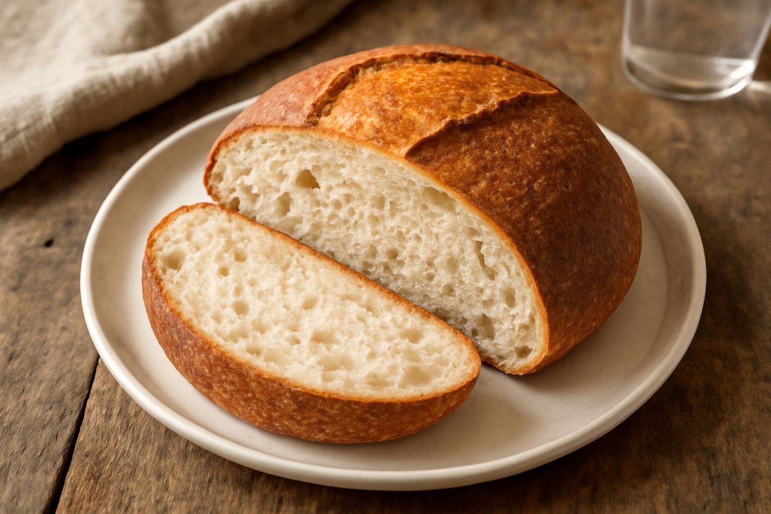 Pane di Novara tondo con crosta dorata e screpolature, tagliato a metà per mostrare la miga bianca e alveolata, posto su tavolo di legno