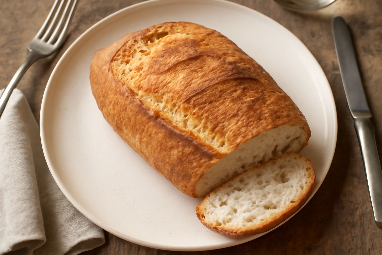 Pane di Orzinuovi tagliato a metà, crosta dorata e croccante, mollica bianca e soffice visibile al taglio, posato su tavolo di legno naturale con chicchi di grano sparsi accanto