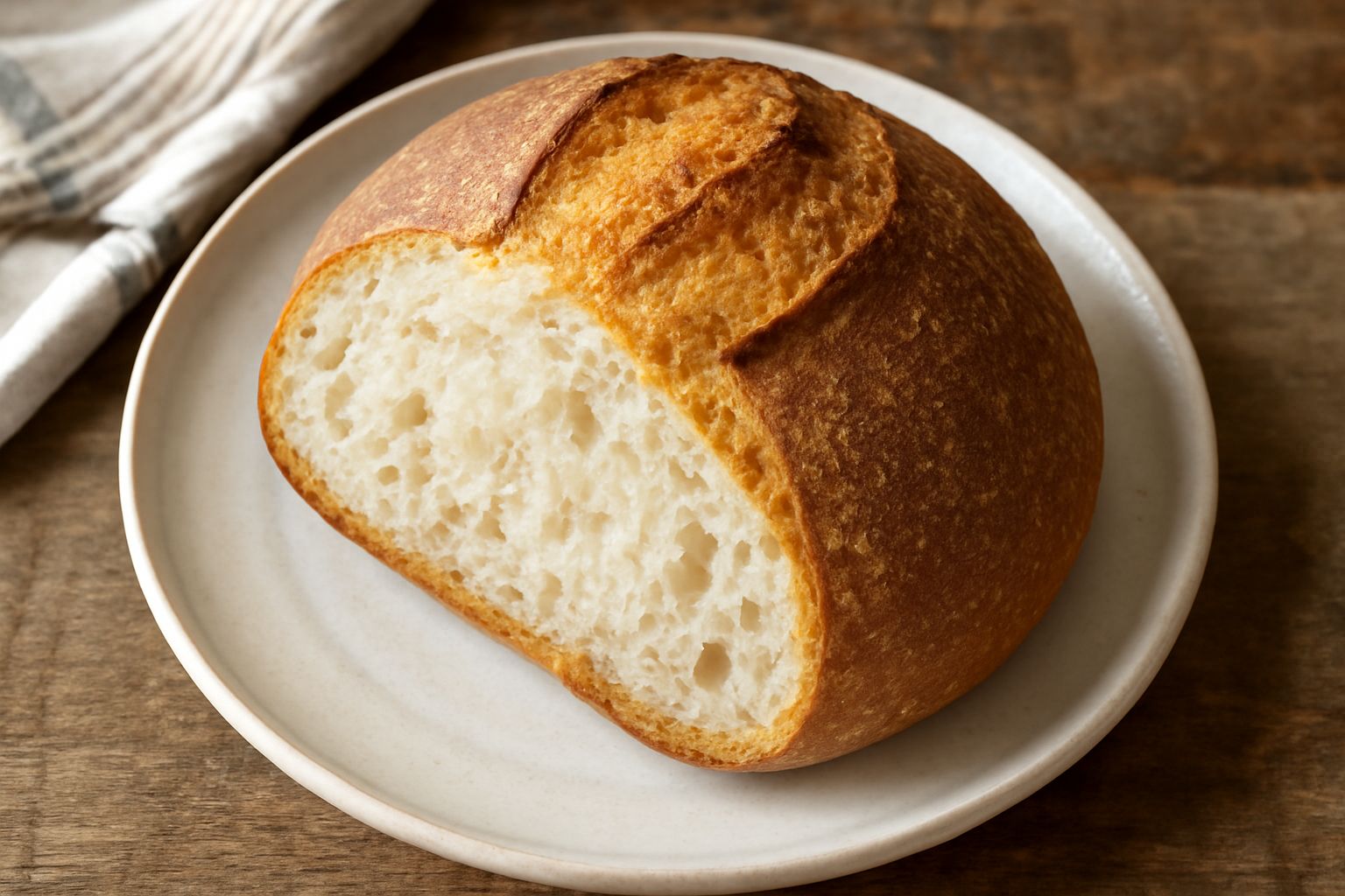 Pane di Padova di forma tonda, crosta dorata e screpolata, tagliato a metà con miga bianca e alveolatura regolare, posato su tavolo in legno con spighe di grano accanto