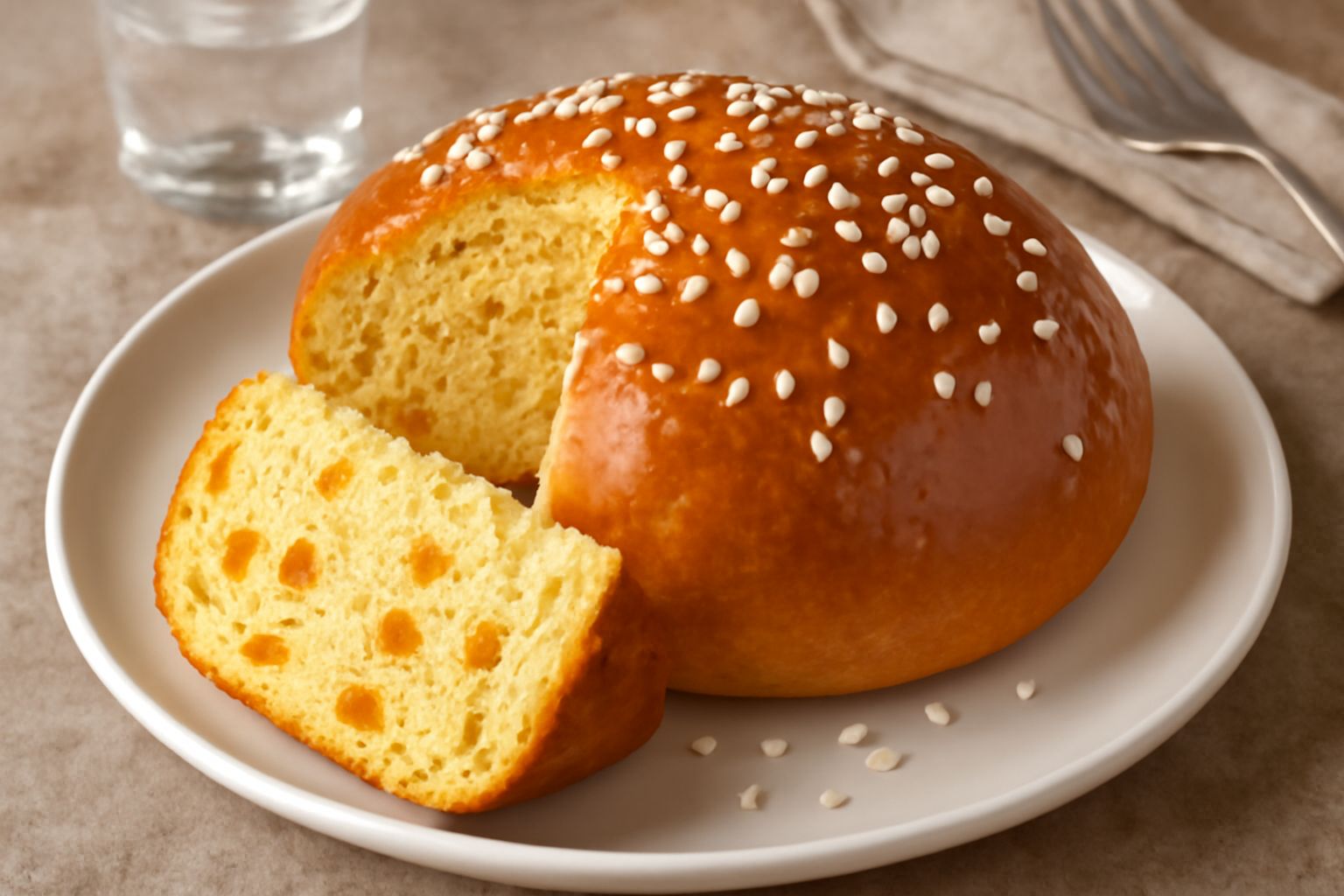 Pane di Pasqua a forma tonda con crosta dorata e lucida, decorato con perle di zucchero sulla superficie, affettato per mostrare l'interno morbido e giallastro con canditi visibili