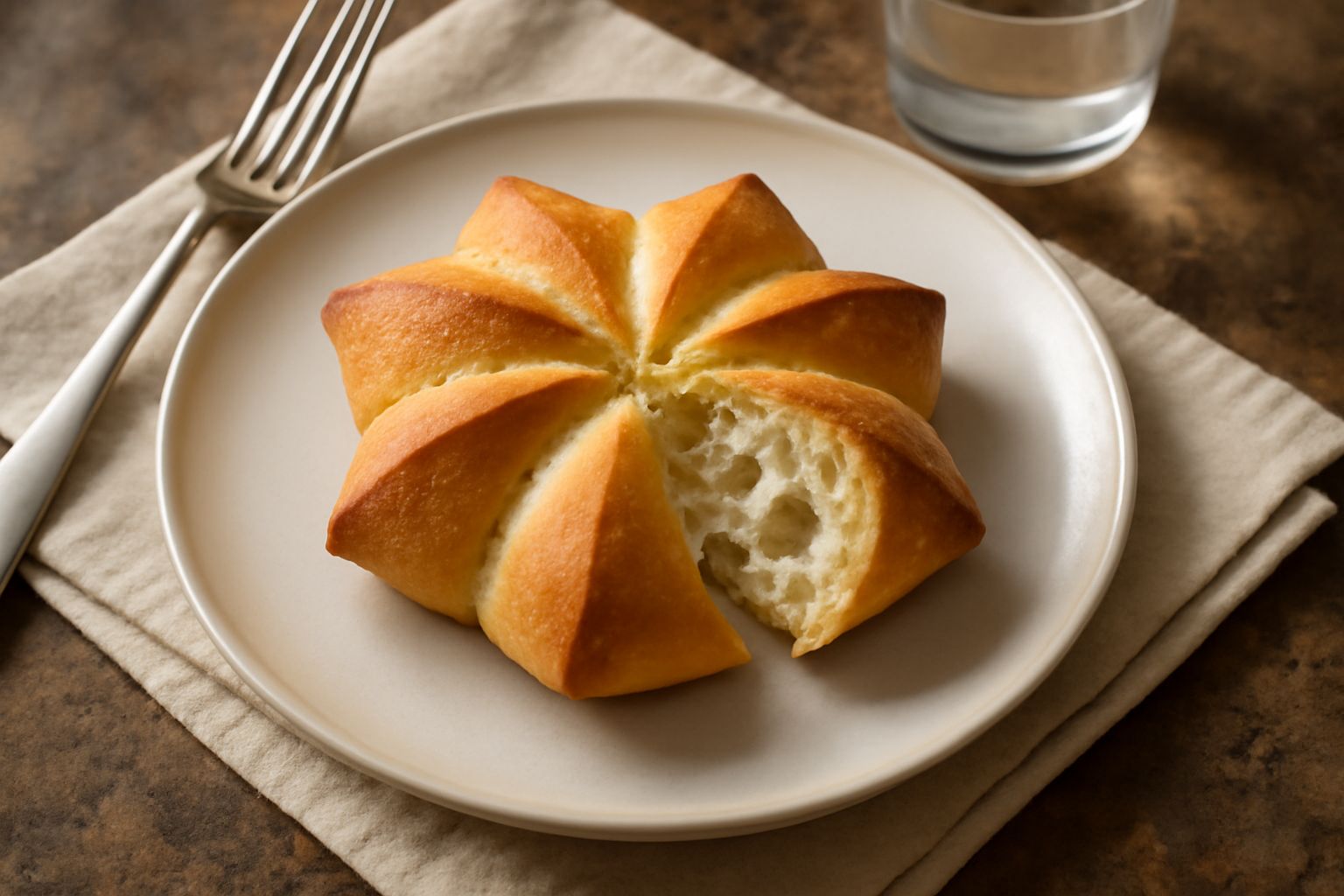 Otto rosette di pane color oro con crosta croccante e otto punte simmetriche disposte su una superficie di lino bianco, interno alveolato visibile da una rosetta spezzata