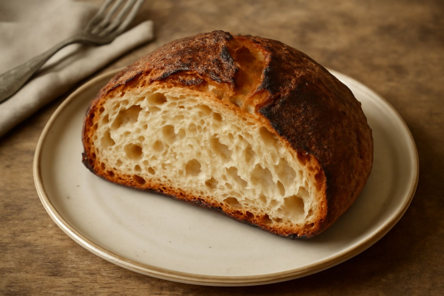 Pane di Pizzoli appena sfornato con crosta dorata e screpolature naturali, affettato su una tavola di legno, mollica visibile color avorio, farina bianca intorno
