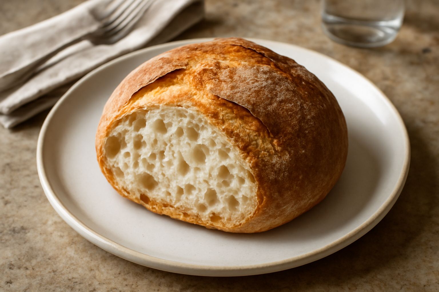 Pane tondo di Pordenone con crosta dorata e screpolature naturali, tagliato a metà, che mostra la mollica bianca e alveolata, posato su un tessuto di lino beige