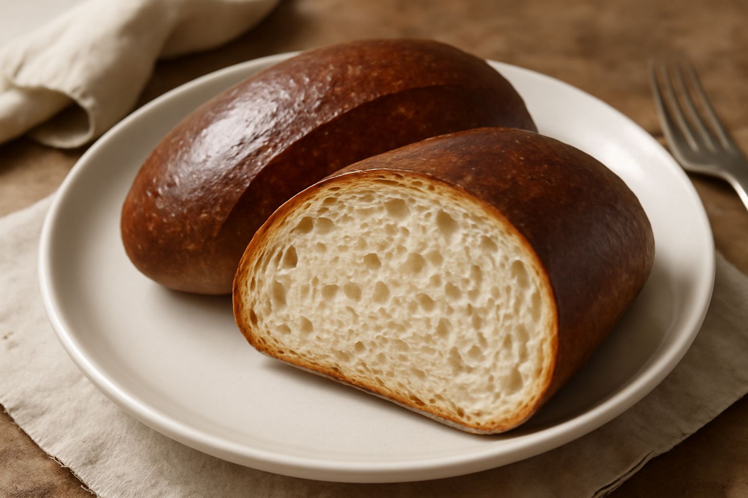Pane di Pordenone appena sfornato, di colore dorato-marrone intenso, con crosta croccante e sottile, sezione tagliata che mostra mollica bianca e alveolata, appoggiato su un piano di legno rustico con
