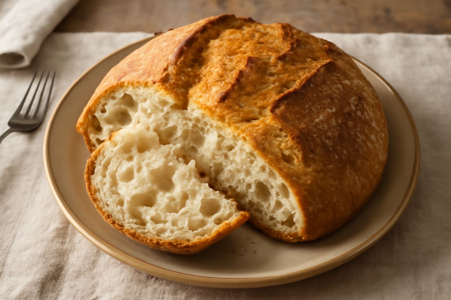 Pagnotta di pane toscano senza sale tagliata a metà, miga porosa color avorio con grandi alveoli, crosta dorata, poggiata su una tavola di legno con chicchi di grano sparse intorno