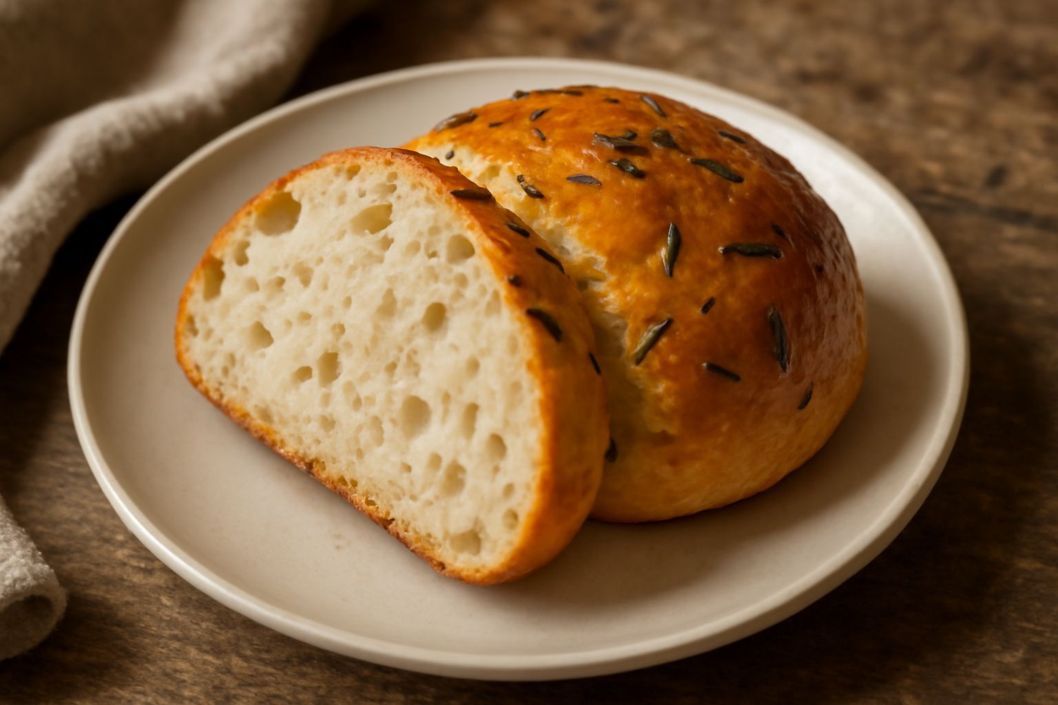 Pane di ramerino tagliato a metà su tagliere di legno, con crosta dorata e screpolata, interno bianco-avorio con buchi irregolari, aghi di rosmarino verde visibili sulla crosta, accanto rami di rosmar