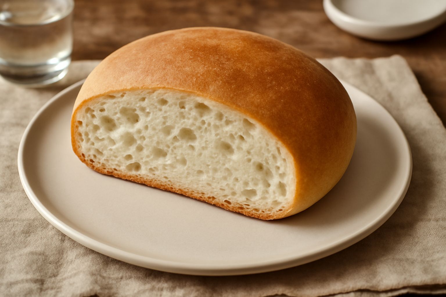 Pane di Reggio appena sfornato, di forma rotonda e leggermente appiattita, con crosta sottile dorata e lievemente rugosa, tagliato a metà mostrando la mollica bianca e alveolata, su un panno di lino b