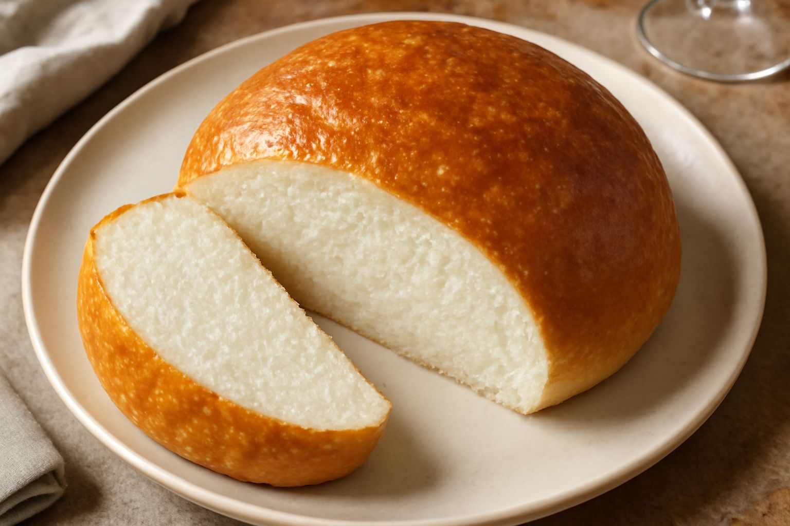 Pane di ricotta dorato appena sfornato, tagliato a fette, con crosta leggermente croccante e interno bianco panna, morbido e umido, posato su una tavola di legno con qualche granello di sale