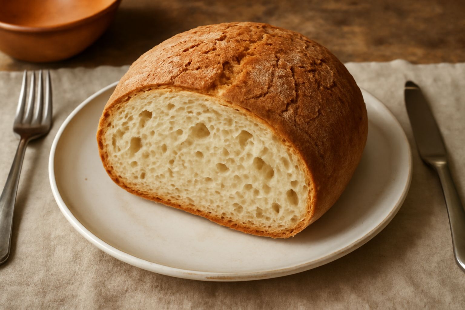 Pane di Rieti intero e a fette su un tavolo di legno, con crosta dorata e screpolata, mollica alveolata di colore bianco crema, accanto a spighe di grano