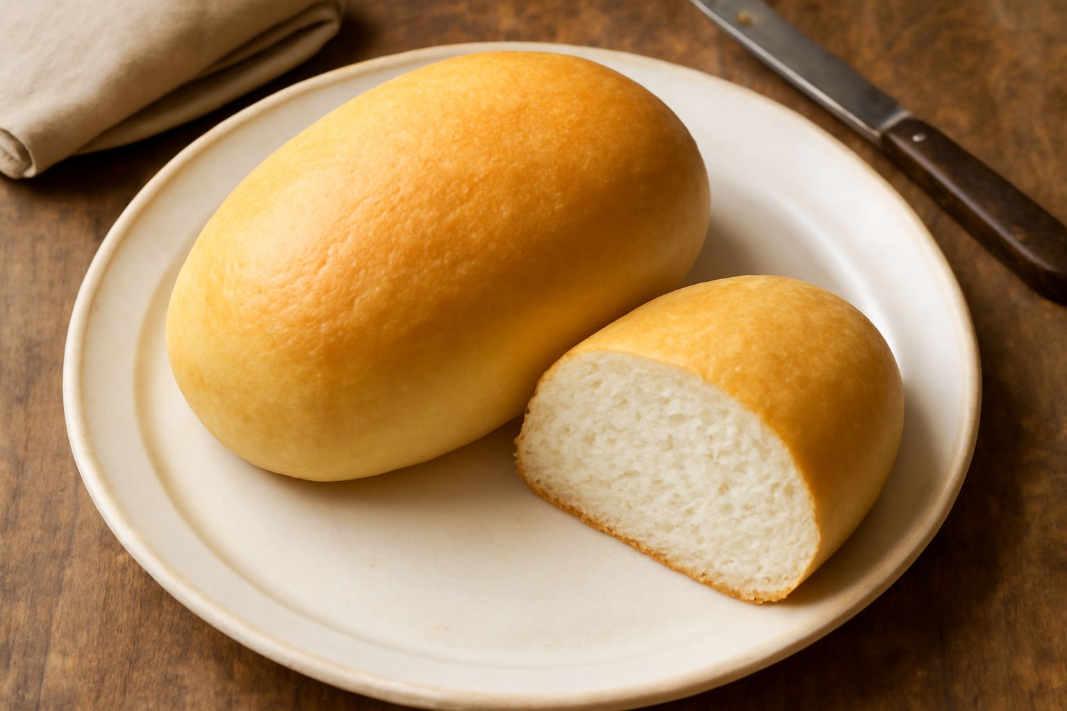 Pane di riso appena sfornato, di forma ovale, con crosta dorata uniforme e mollica bianca visibile dal taglio in verticale, poggiato su un piatto di ceramica bianca