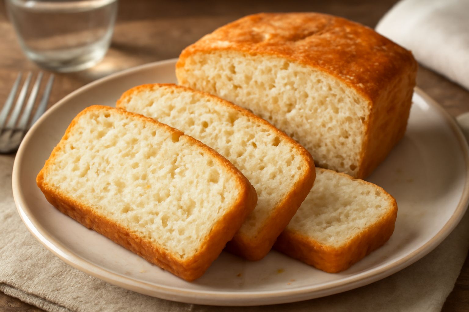 Pane di riso e formaggio appena sfornato, di forma rettangolare con crosta dorata, tagliato a fette che mostrano l'interno soffice e poroso, sparse di granuli di formaggio parmigiano