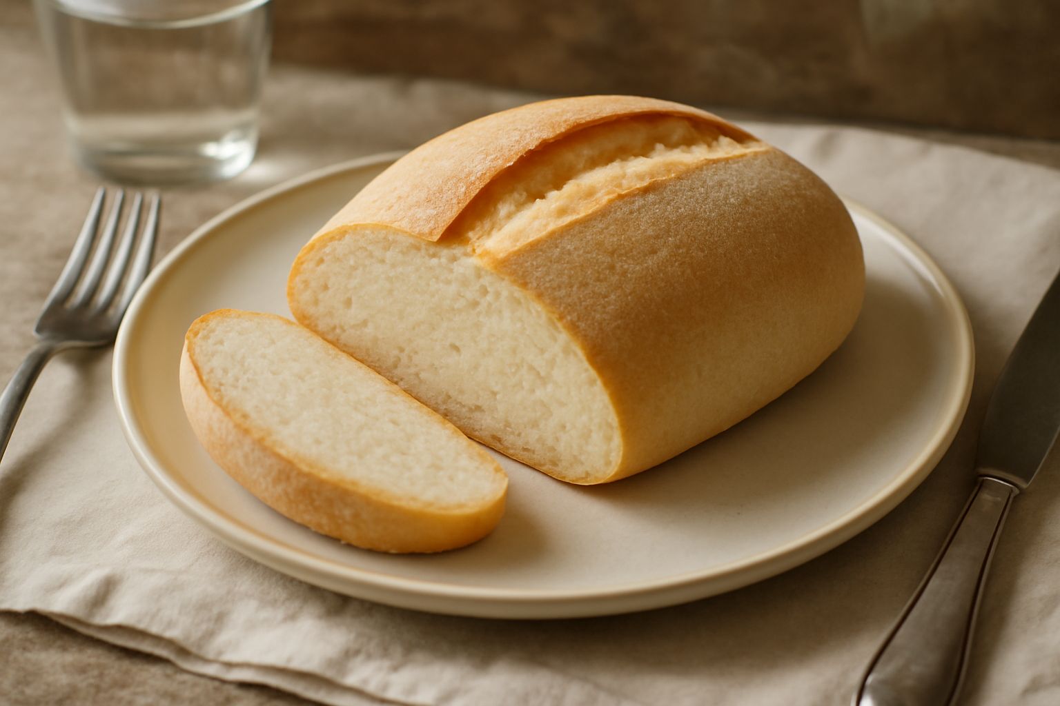 Pane di riso piemontese appena sfornato, di colore dorato chiaro, forma ovale allungata, con una leggera crepa in superficie, mollica visibile al taglio color crema chiaro, posato su un canovaccio bia