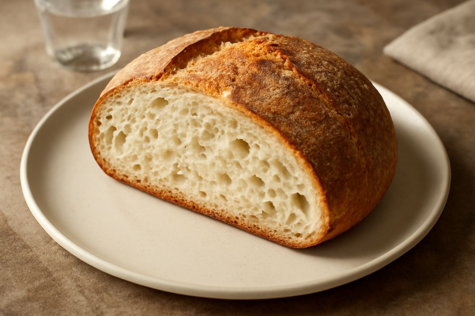 Pagnotta di pane di Rovereto con crosta dorata e screpolature, tagliata a metà, che mostra l'interno bianco e alveolato, poggiata su un canovaccio beige